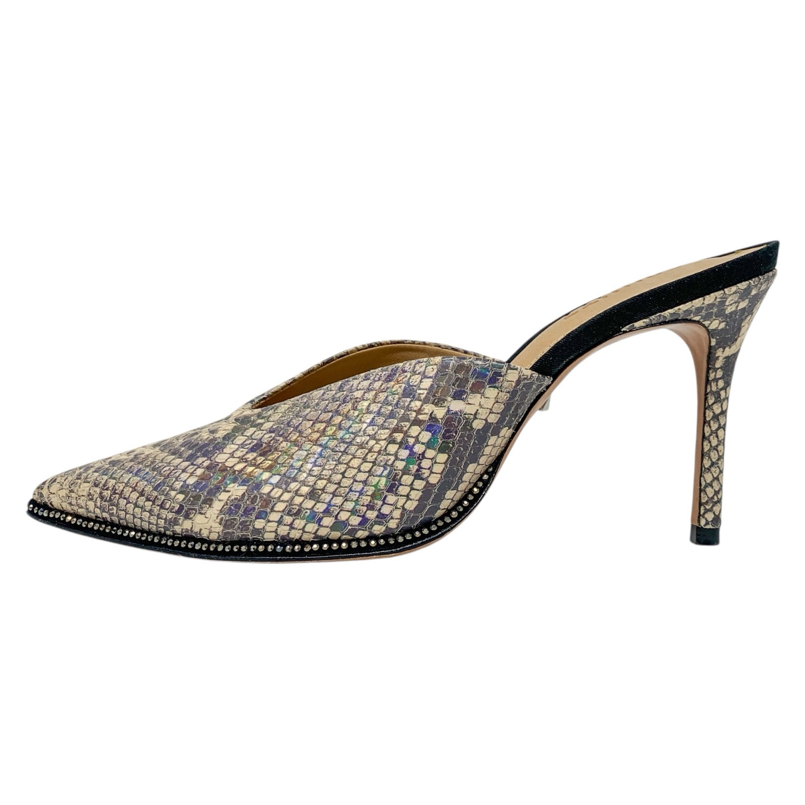 Schutz Heliconia Iridescent Snake Embossed Leather Crystal Trim Mule Heels 7.5